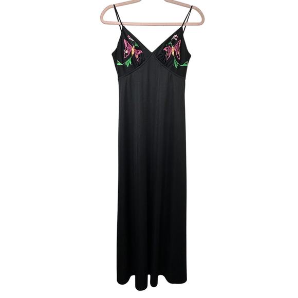 Sz 8 VTG 70s Black Empire Waist Maxi Dress Butterfly Embroidery Whimsigoth Fairy - Picture 1 of 5